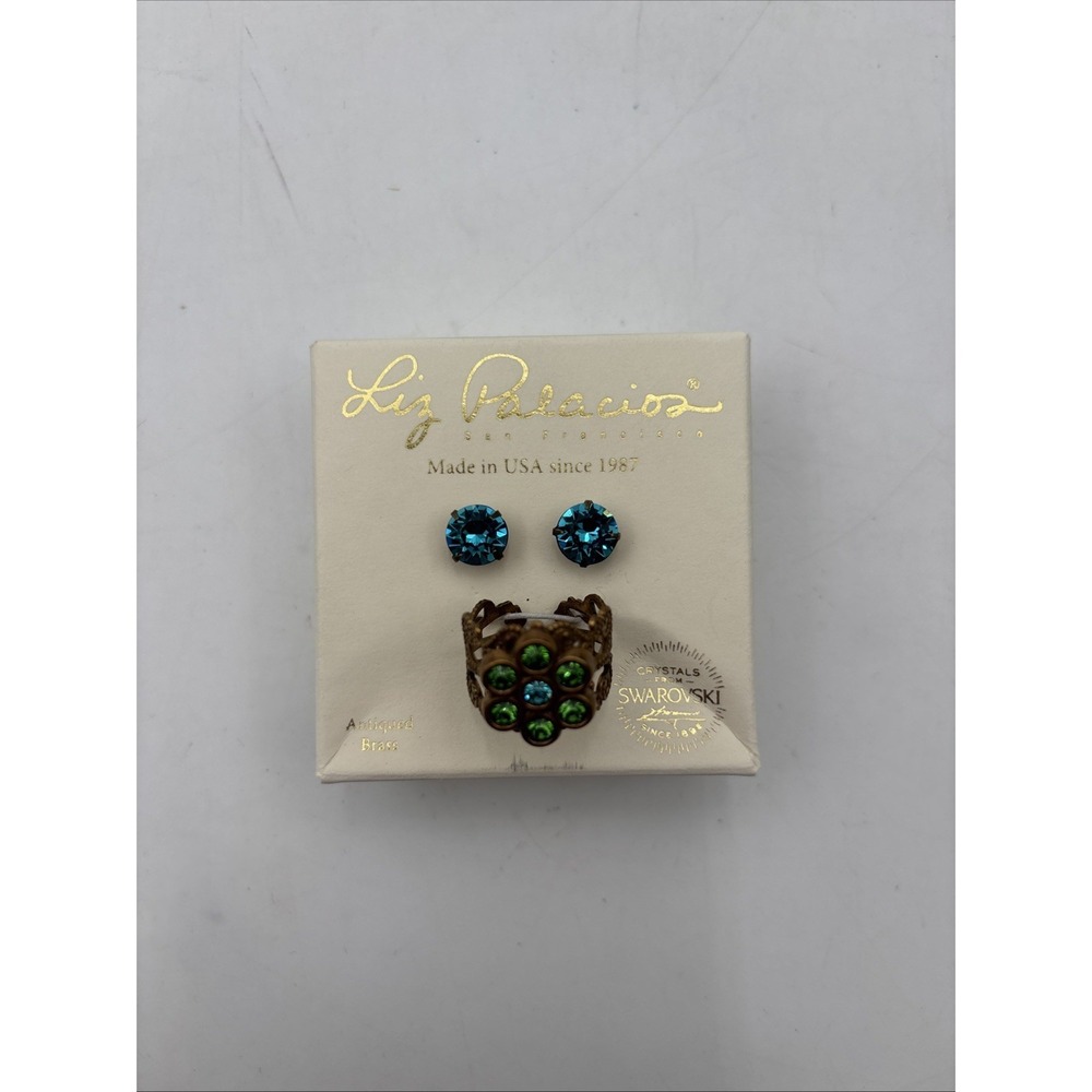 Vintage Liz Palacios Brass Swarovski Crystal Green Blue Stud Earrings Ring Set
